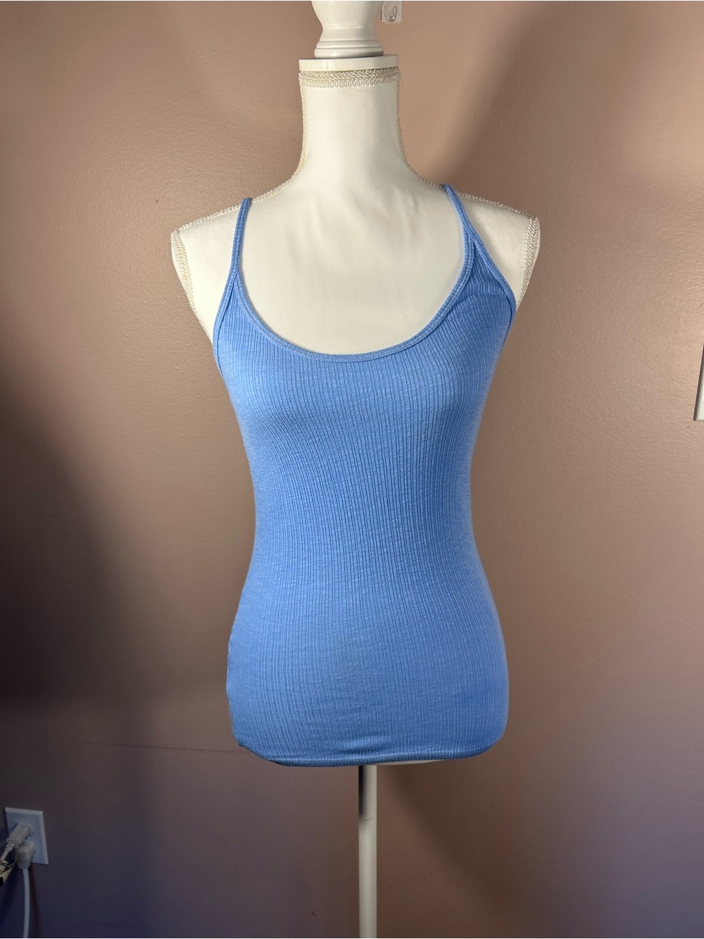 Michael Stars Light Blue Ribbed Scoop Tank with Spaghetti Straps